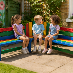Three children sit on a rainbow-colored Buddy Bench in a sunny garden, smiling and chatting.