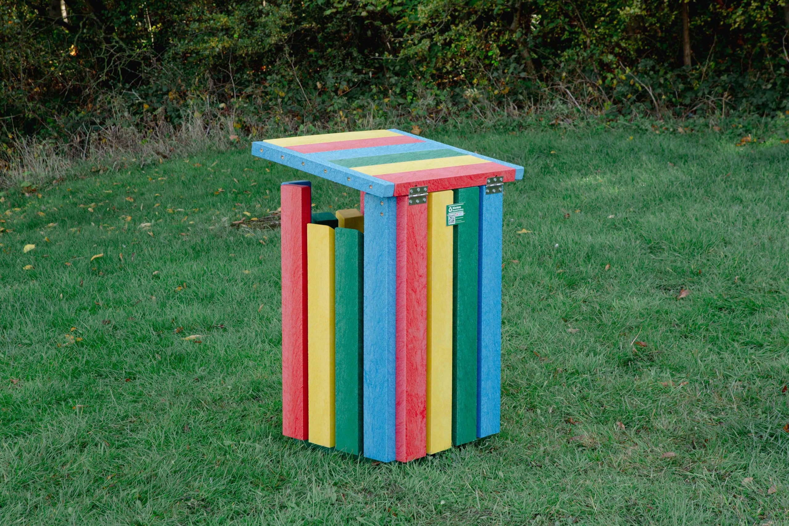 Rainbow Waste Bin with open lid on grass