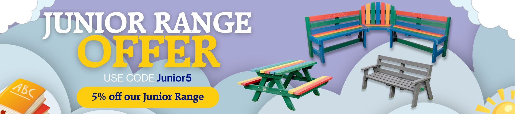 Promotional banner for Junior Range offer with code Junior5 and 5% off; features colorful wooden benches and a picnic table.