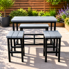 Outdoor metal patio dining set: a blue-gray rectangular table with matching benches and stools on a tiled patio, with greenery and a wooden fence in the background