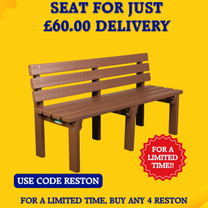Promotional poster: yellow background with a brown bench and bold navy text offering Buy any 4 Reston seats for £60 delivery; use code RESTON (limited time).