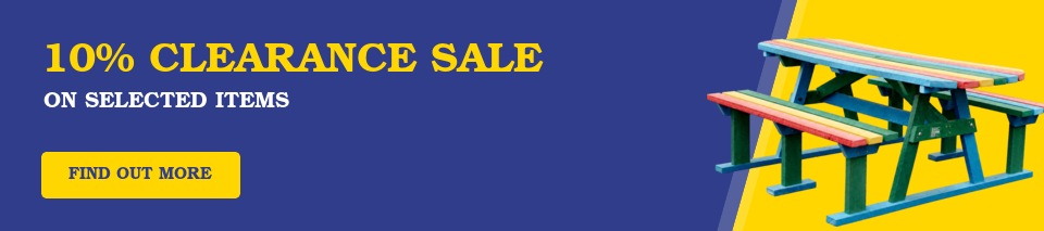 Banner advertising 10% CLEARANCE SALE on selected items with a yellow 'FIND OUT MORE' button and a colorful picnic table on blue and yellow background.