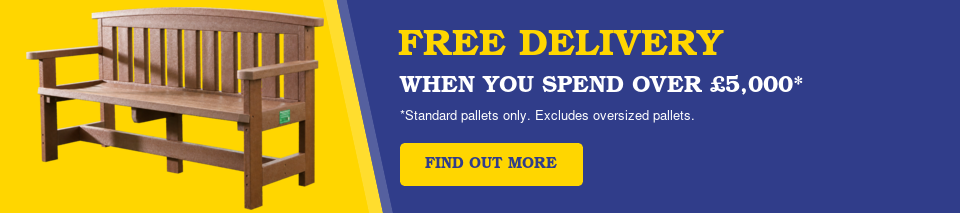 Wooden bench on a bright yellow background with a blue banner reading 'Free delivery over £5,000' and a yellow 'Find out more' button.