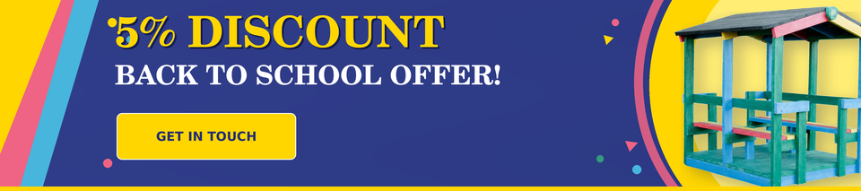 Promotional banner: '5% DISCOUNT BACK TO SCHOOL OFFER!' with a yellow 'GET IN TOUCH' button, blue background, colorful left stripes, and a painted wooden play structure on the right.