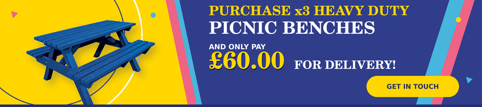 Banner ad for heavy-duty picnic benches: blue bench on yellow background with bold white text promoting three benches and £60 delivery, plus a yellow 'GET IN TOUCH' button.